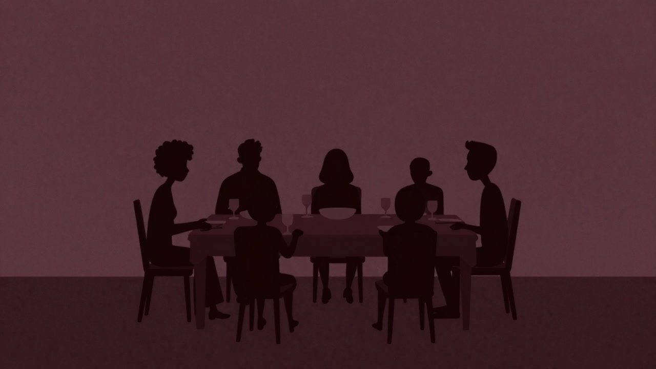 夕暮れ時、緊張感漂うリビングの食卓に並ぶ皿と、そこに腰掛けた家族のシルエットの画像