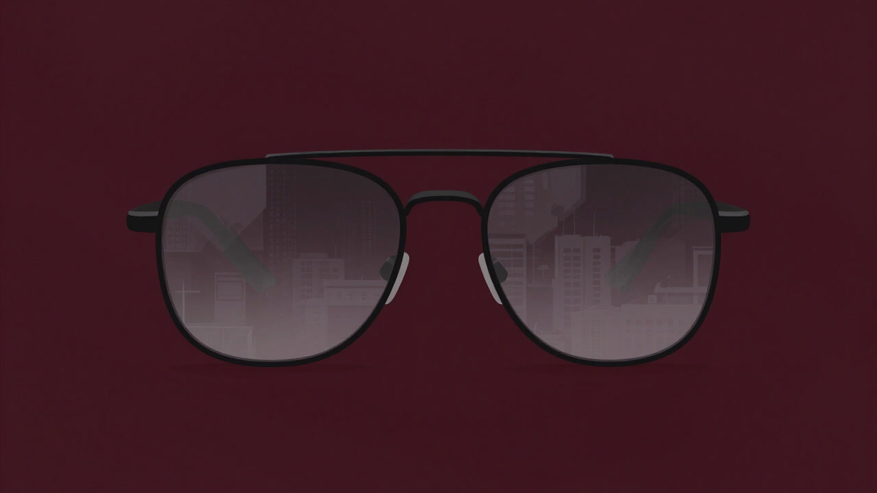 太陽の光を受け、大きく曇るサングラスのレンズ越しに世界を眺めるイラスト