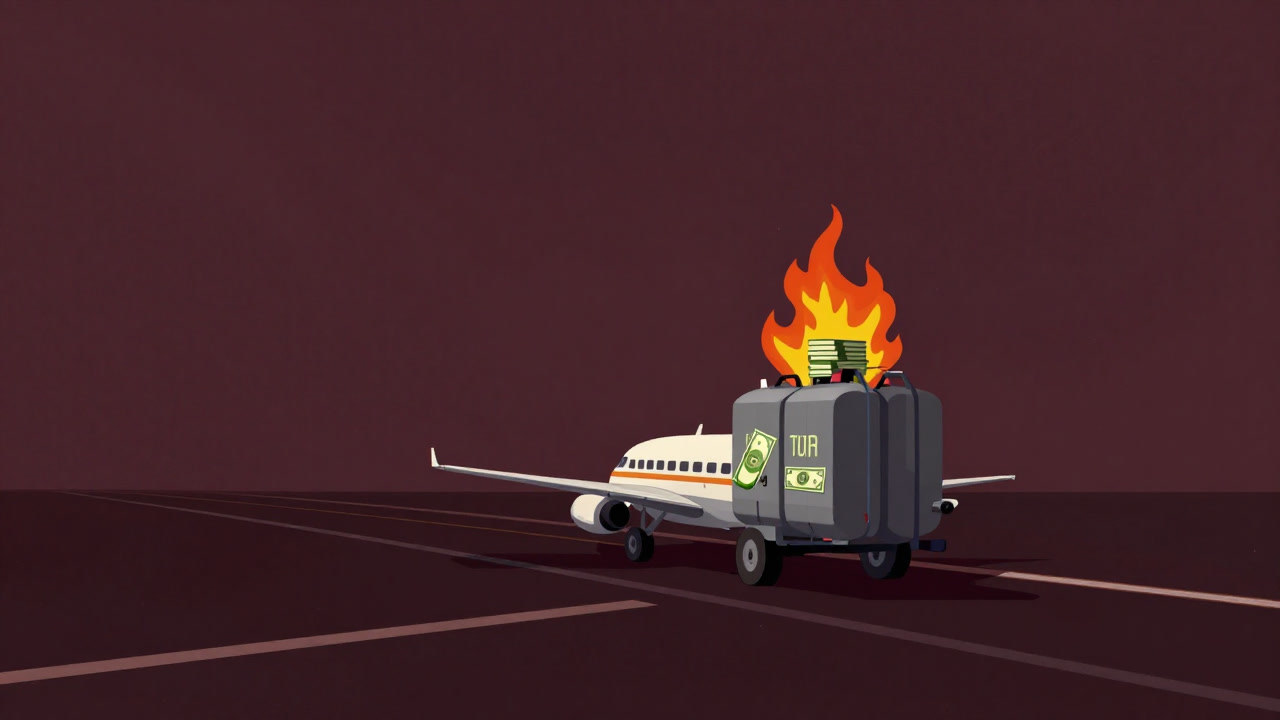 滑走路を逆行しながら燃え尽きる資金の山を背負う飛行機のイラスト