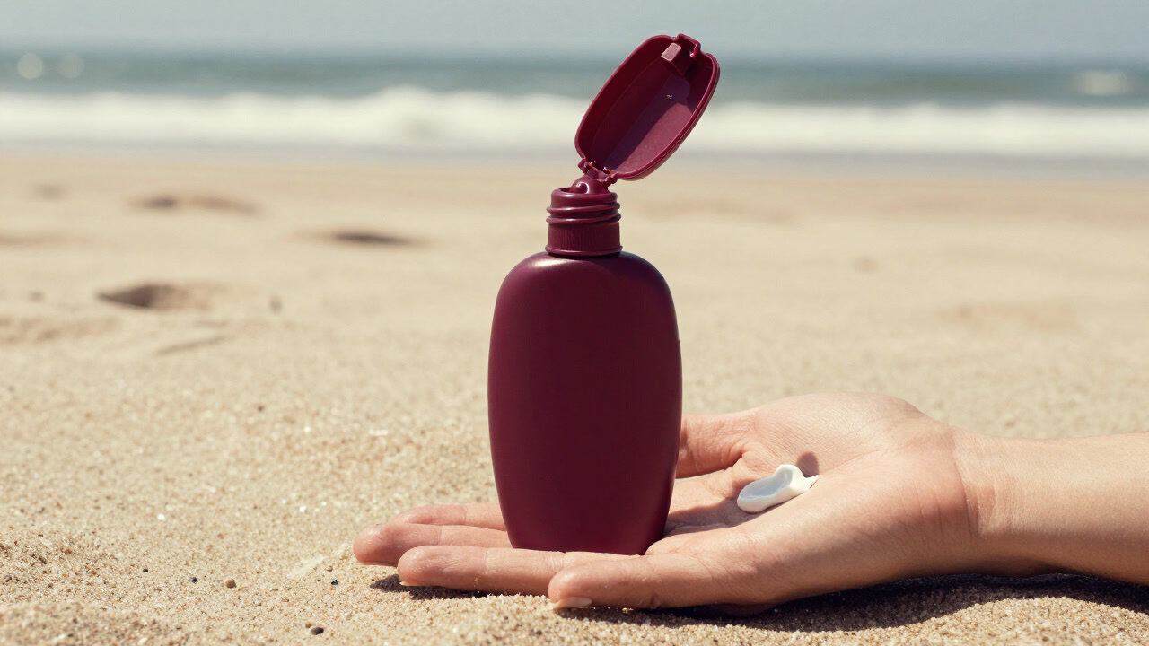 A photo of a sunscreen bottle with white cream applied on skin against summer sunlight