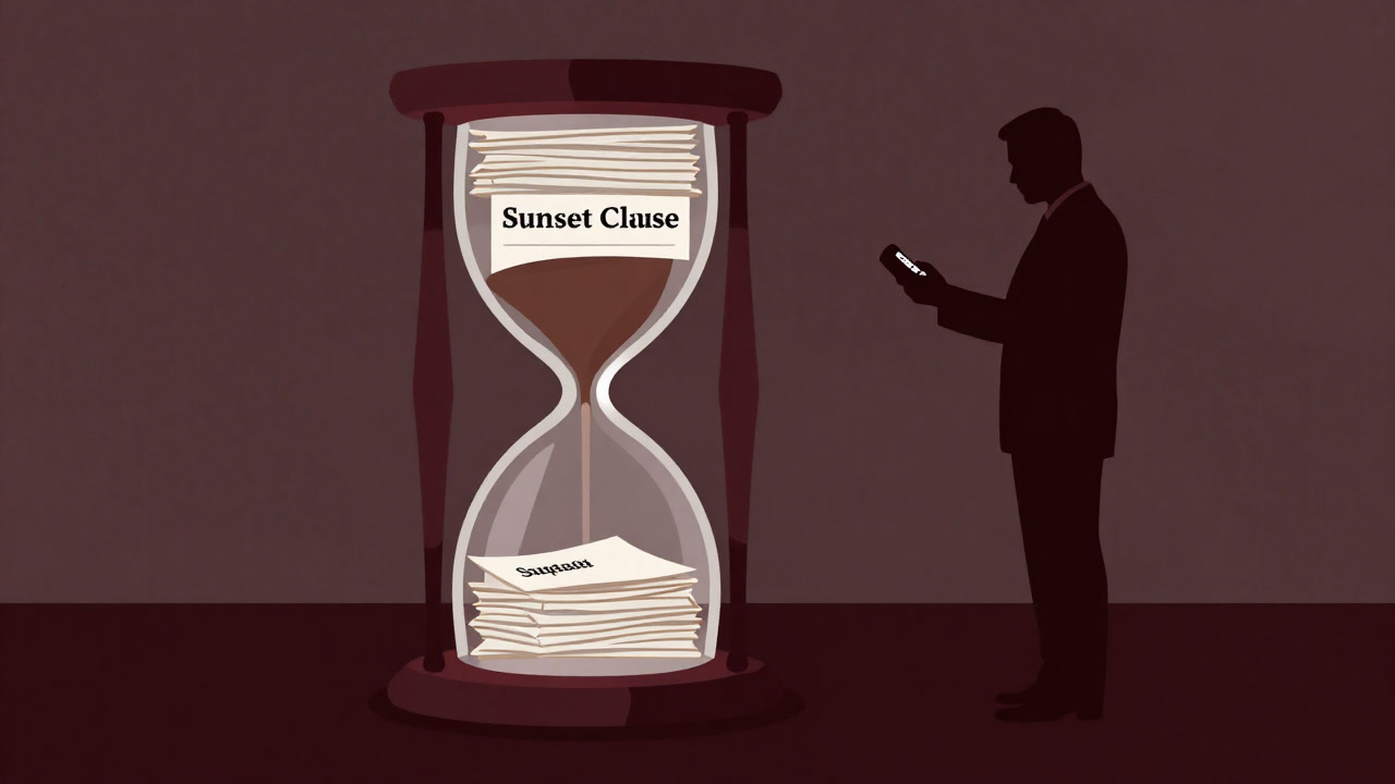 砂時計の上に期限付きの法案が積み重なり、背後で政治家の影がタイマーをチェックするイラスト