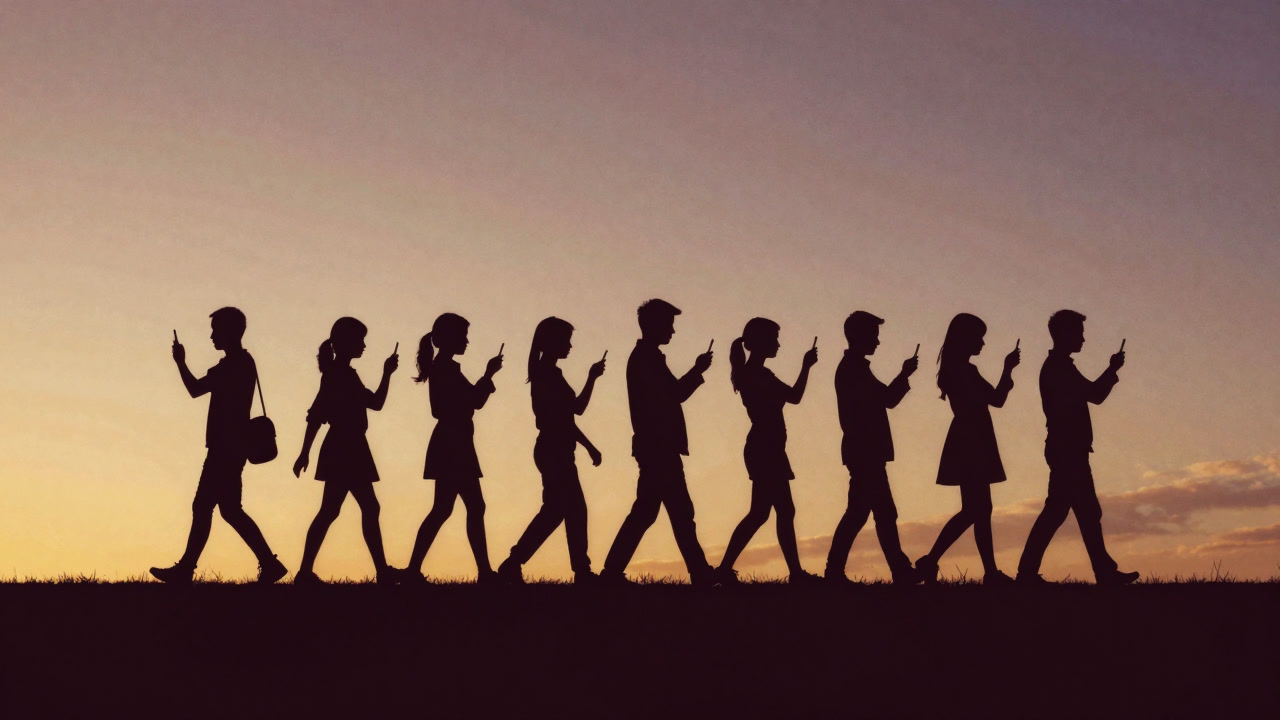 Silhouette of people striking identical poses with smartphones under a setting sun