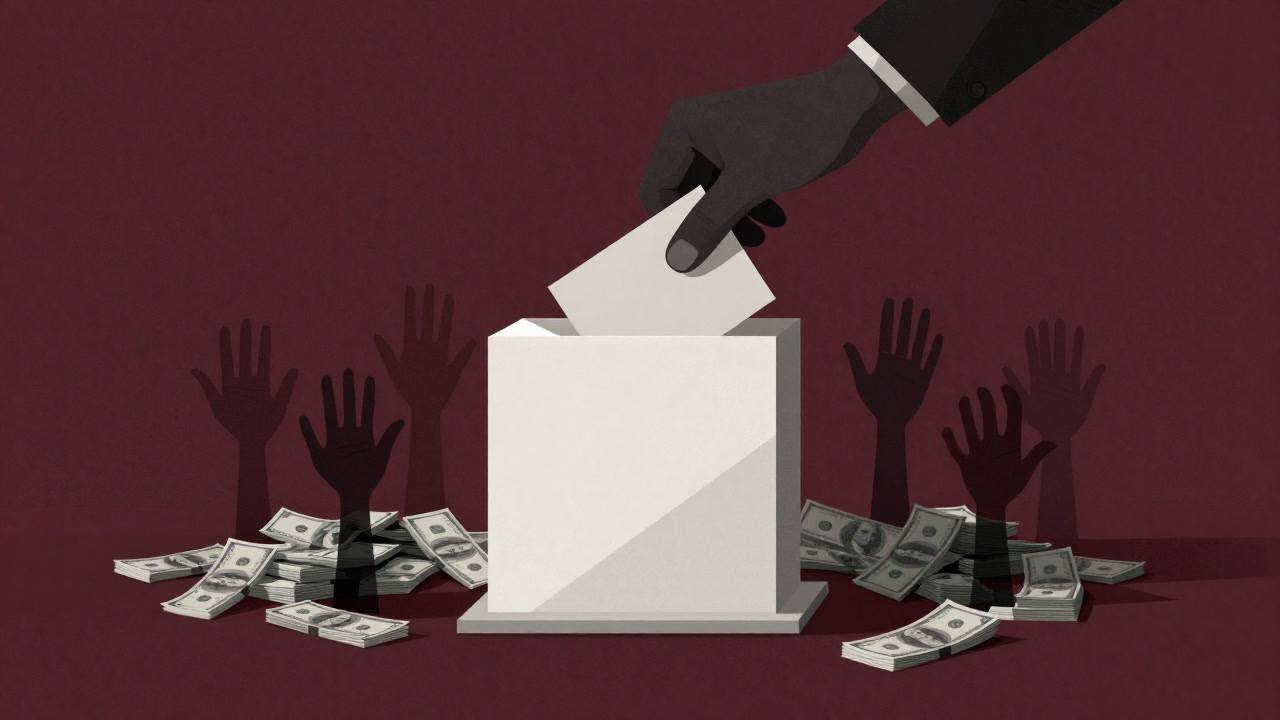 大量のドル札に埋もれた巨大な投票用紙を操る影の手のイラスト