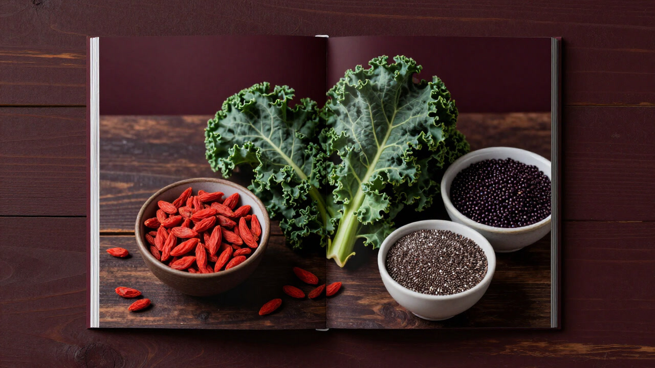 カラフルなスーパーフードの食材がアートのように並べられたテーブル上の俯瞰写真