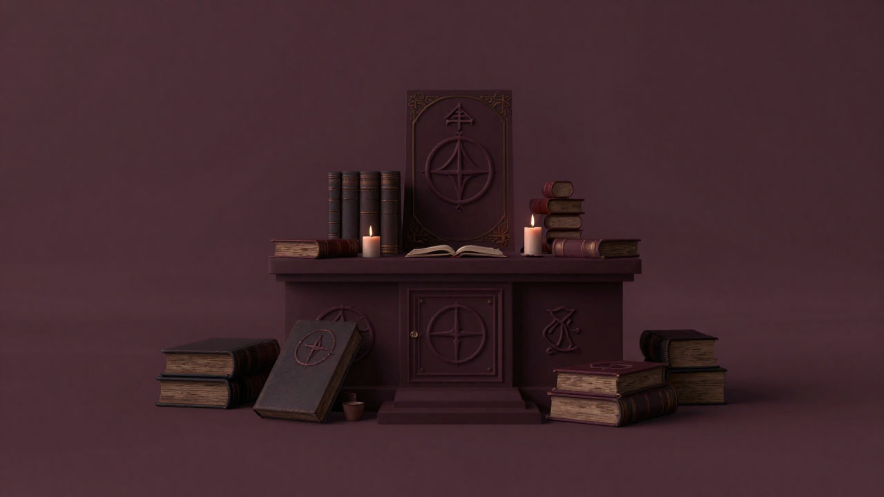 古い書物とキャンドルに囲まれ、神秘的な雰囲気を醸す超自然主義の祭壇のイラスト