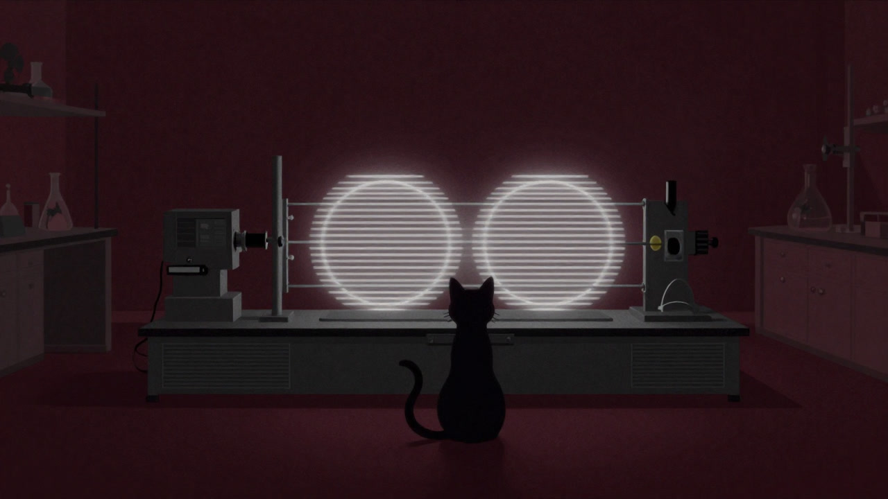 Silhouette of a cat standing before a glowing double-slit apparatus in a dimly lit lab.