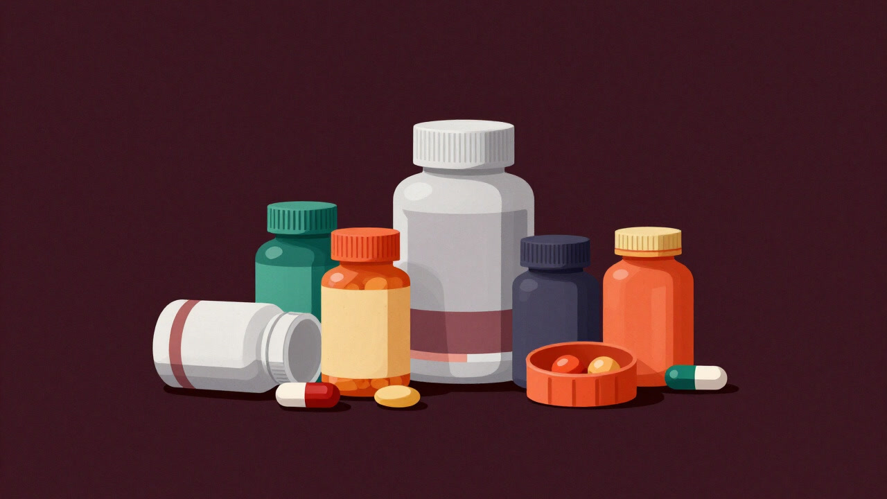 カラフルなカプセルや粉末が無造作に積まれたサプリメントの瓶たち。