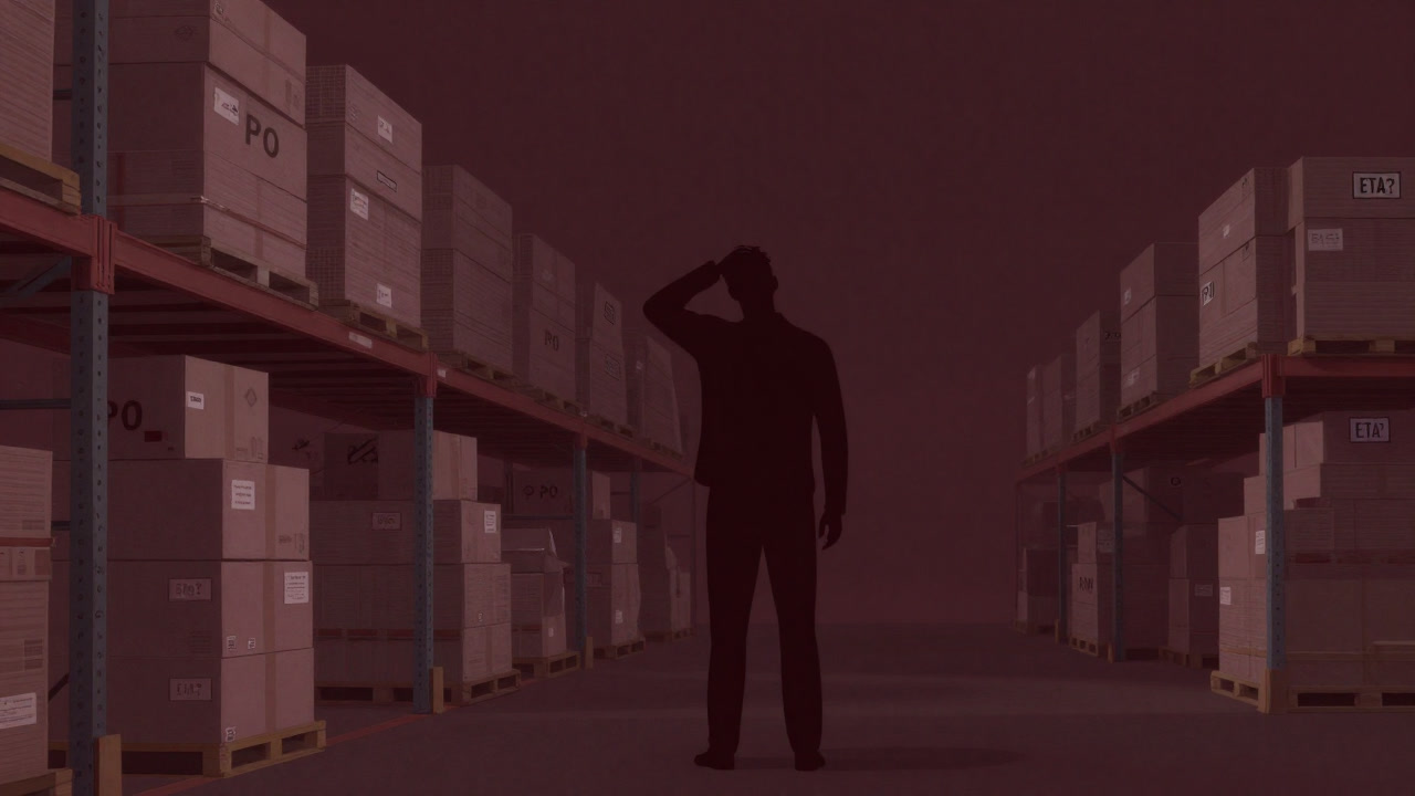 Silhouette of a purchasing manager bewildered in front of a towering pile of boxes in a supplier's warehouse