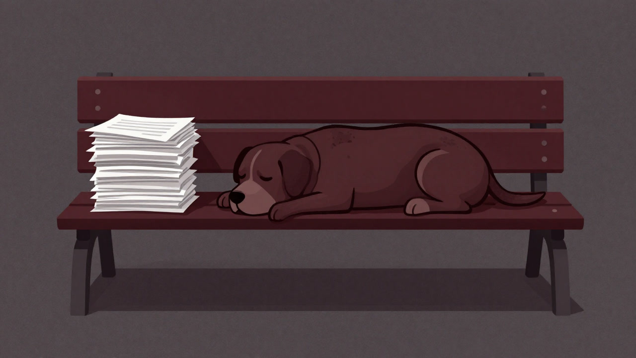 支援の名を冠され、書類と共にベンチに横たわる犬のシルエット