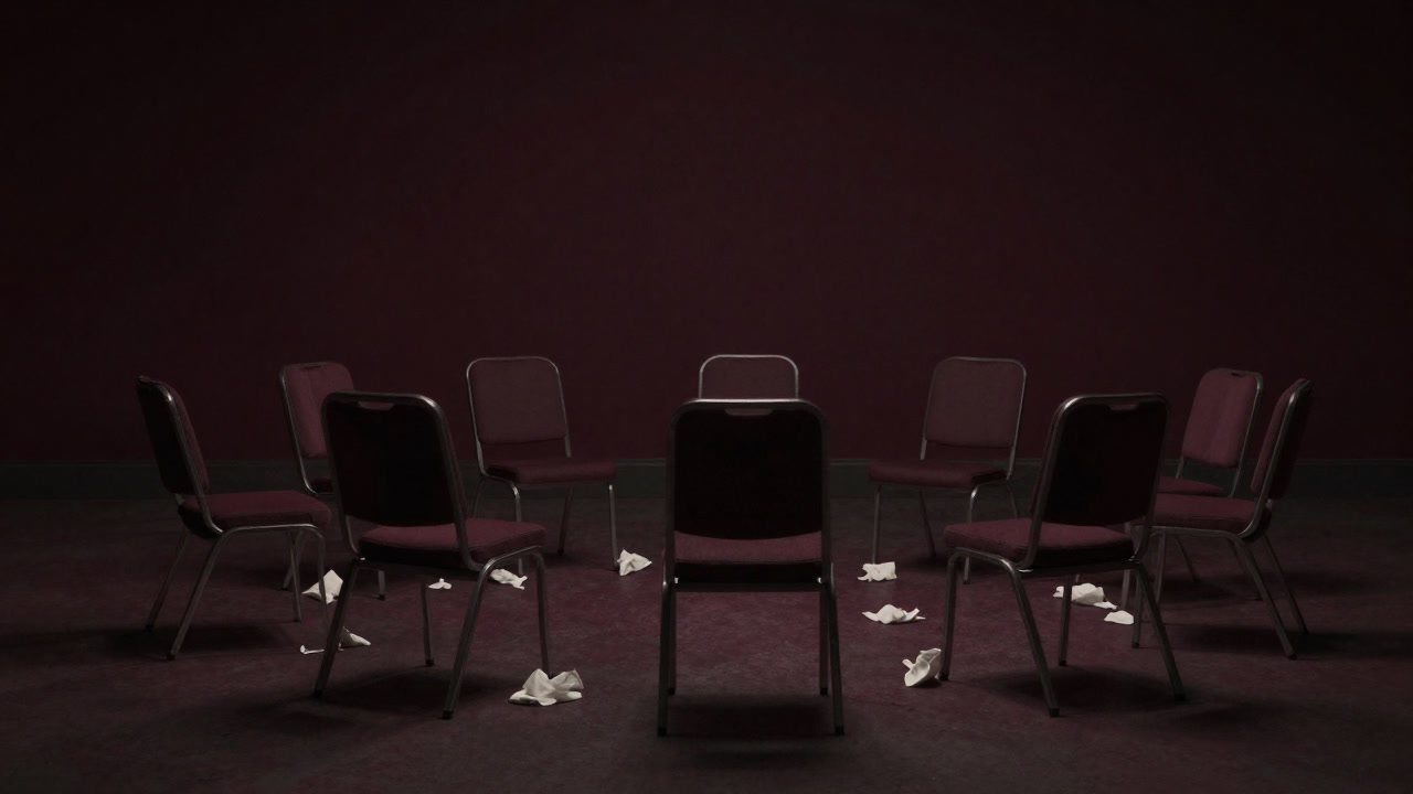 Image of a dim room with chairs in a circle and scattered tissues