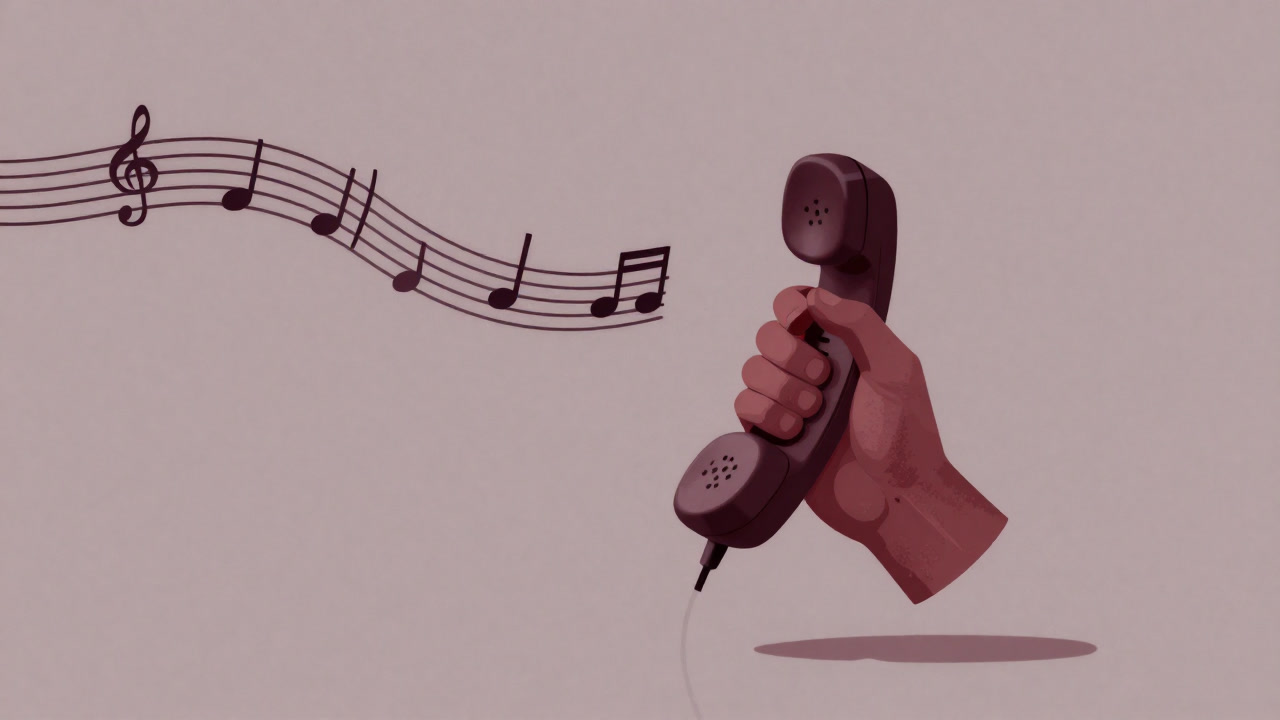 A comedic illustration of a hand holding a receiver floating in mid-air with a long, winding line of hold music notes flowing below.
