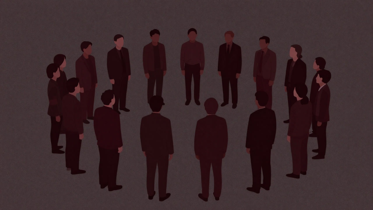 Illustration of people forming a circle but turning their backs, representing a façade of support