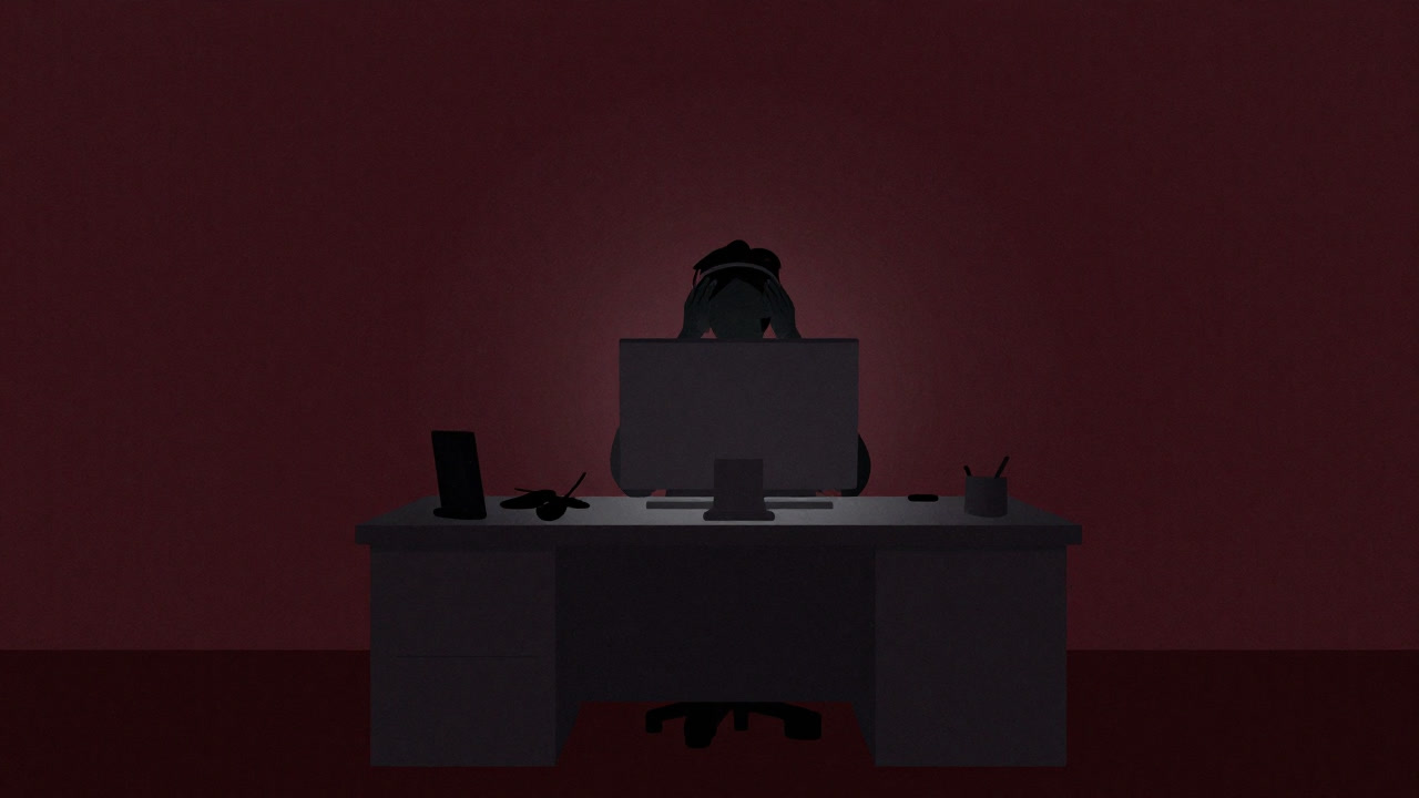 Silhouette of a support agent holding their head in front of a monitor