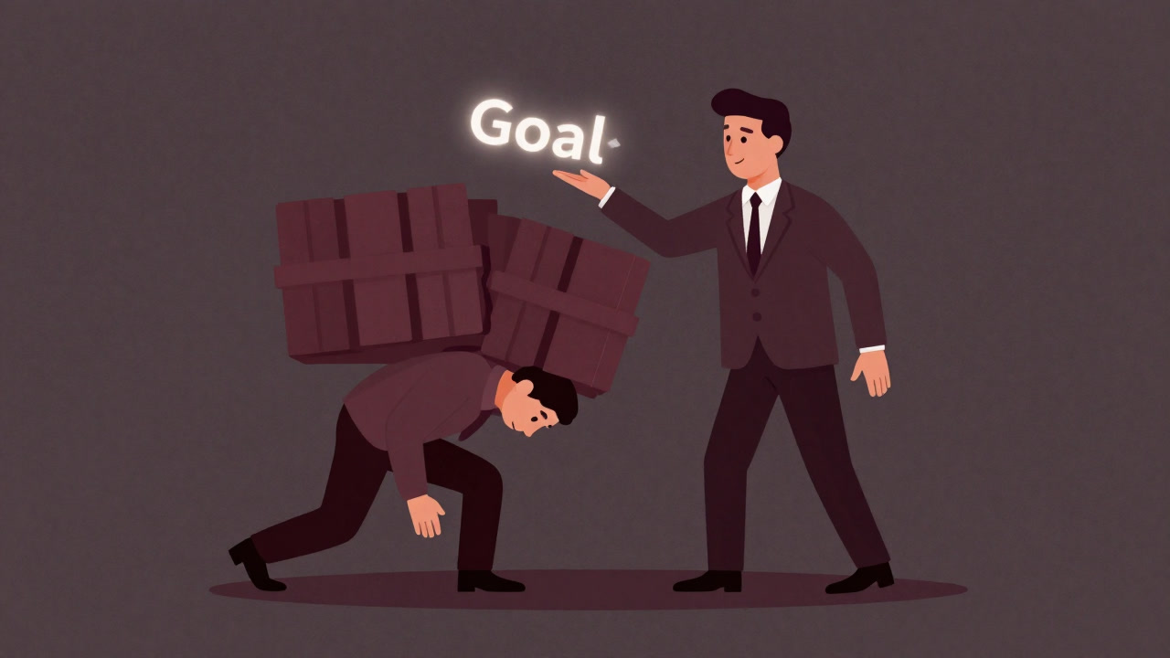 疲れ切った部下の背中を、光り輝く矢を抱えたマネージャーがそっと支えるイラスト