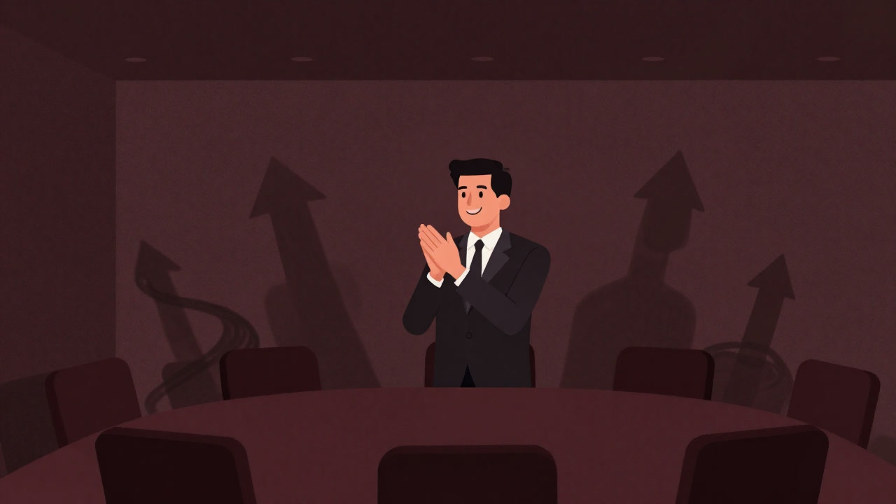 部下に偽りの微笑みで拍手を送りつつ、心の中で期待値を吊り上げる上司の影絵