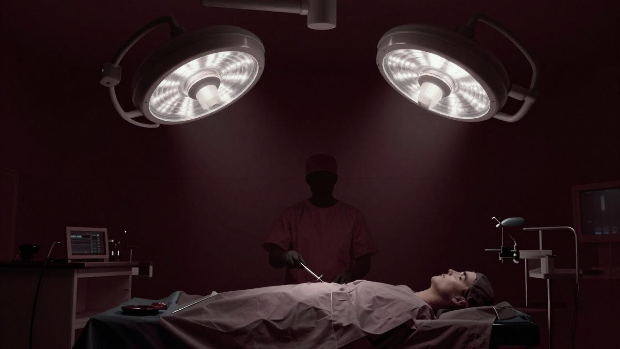 手術室の明かりに浮かぶ外科医のシルエット、冷たく光るメスを握る手が不気味さを放つ