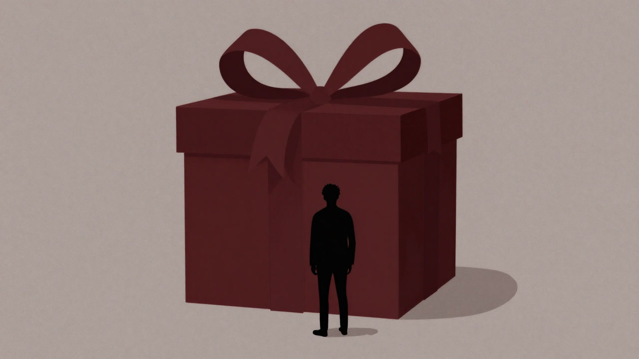 リボンだけが豪華な箱を前に、困惑した表情で立ち尽くす人のシルエット