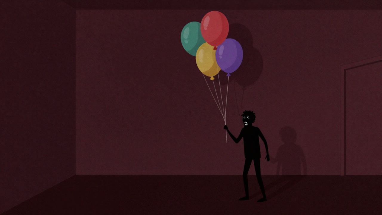 暗闇に忍び寄る風船の影と、驚愕の表情を浮かべる主役のシルエット