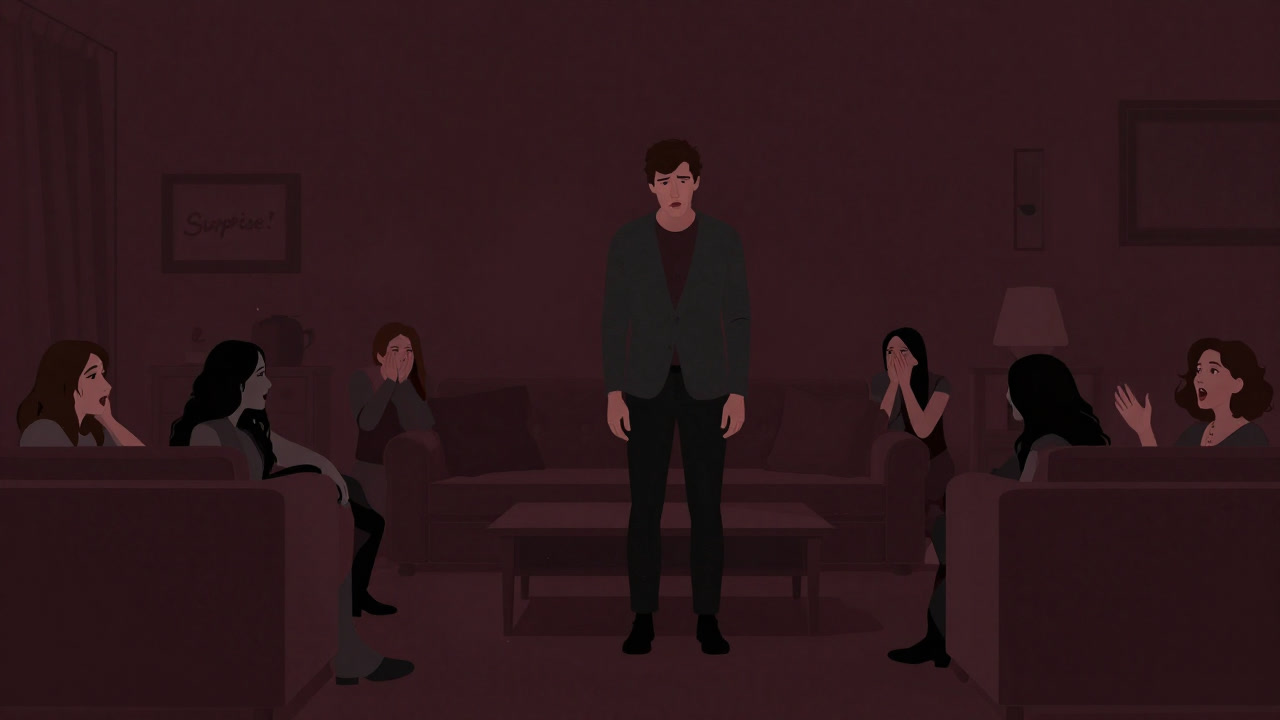 Silhouettes of people waiting to spring a surprise in a dark room while the intended victim looks around anxiously.