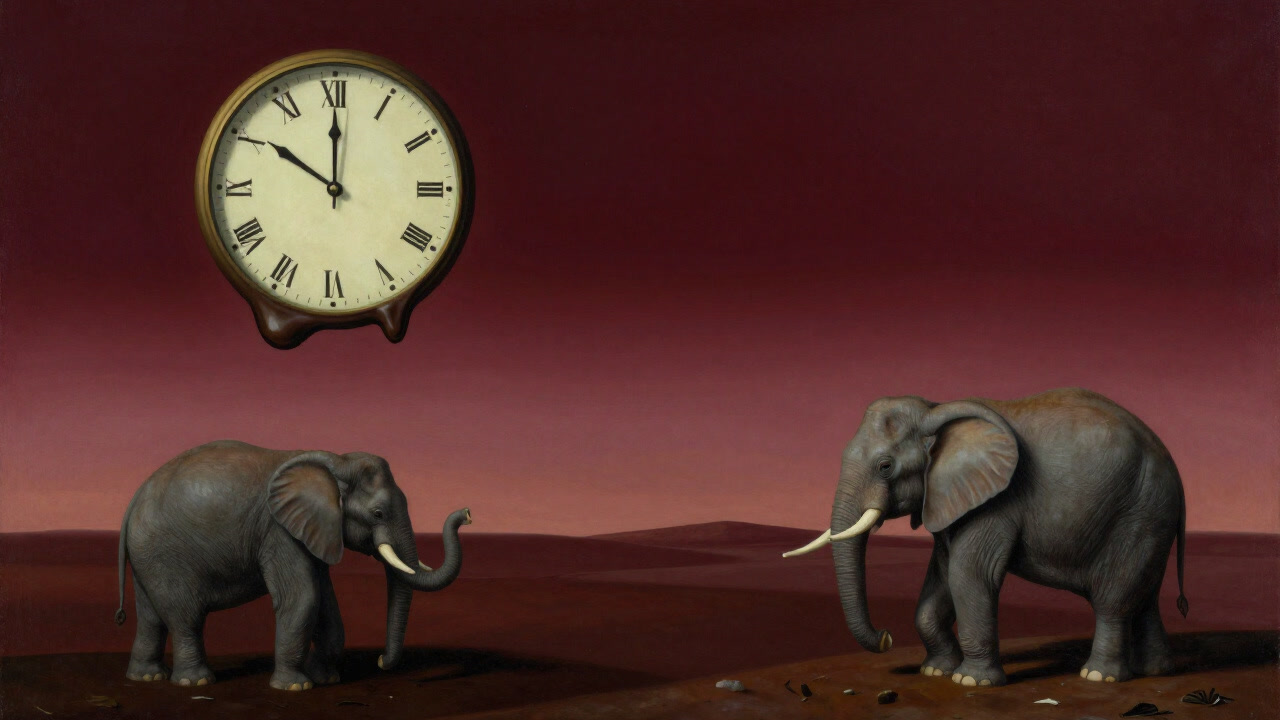 Image of a surrealist painting where melting clocks and flying elephants create chaos on the canvas