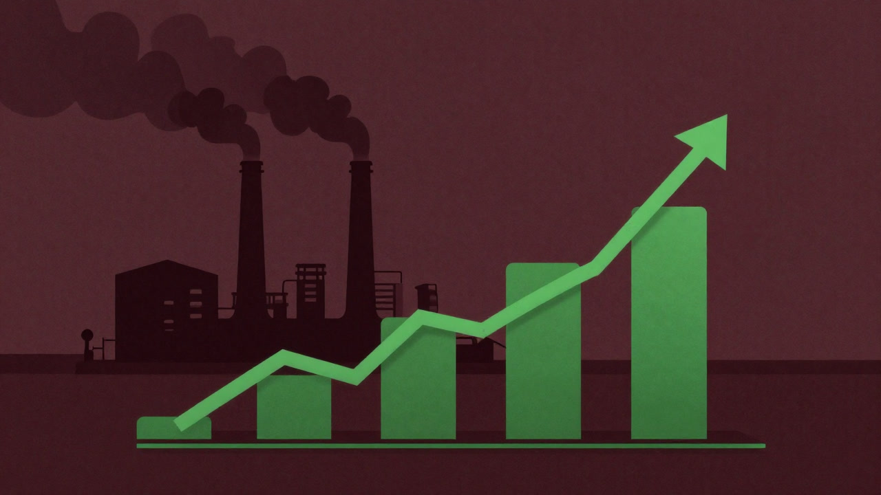 緑のグラフと現実の煙を背景に、環境配慮の虚飾を象徴するイラスト