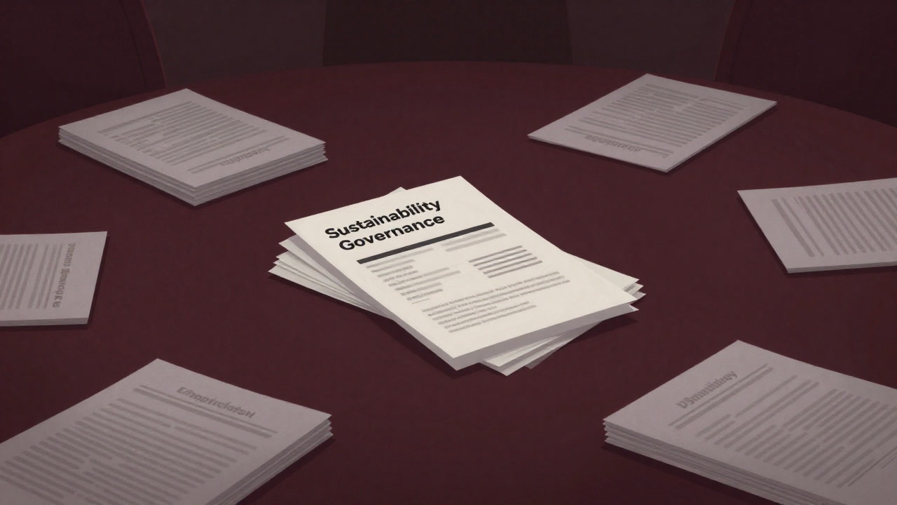 乱立するガバナンス会議の資料に埋もれ、哀愁漂う会議室のテーブルを見つめる一冊のレポート