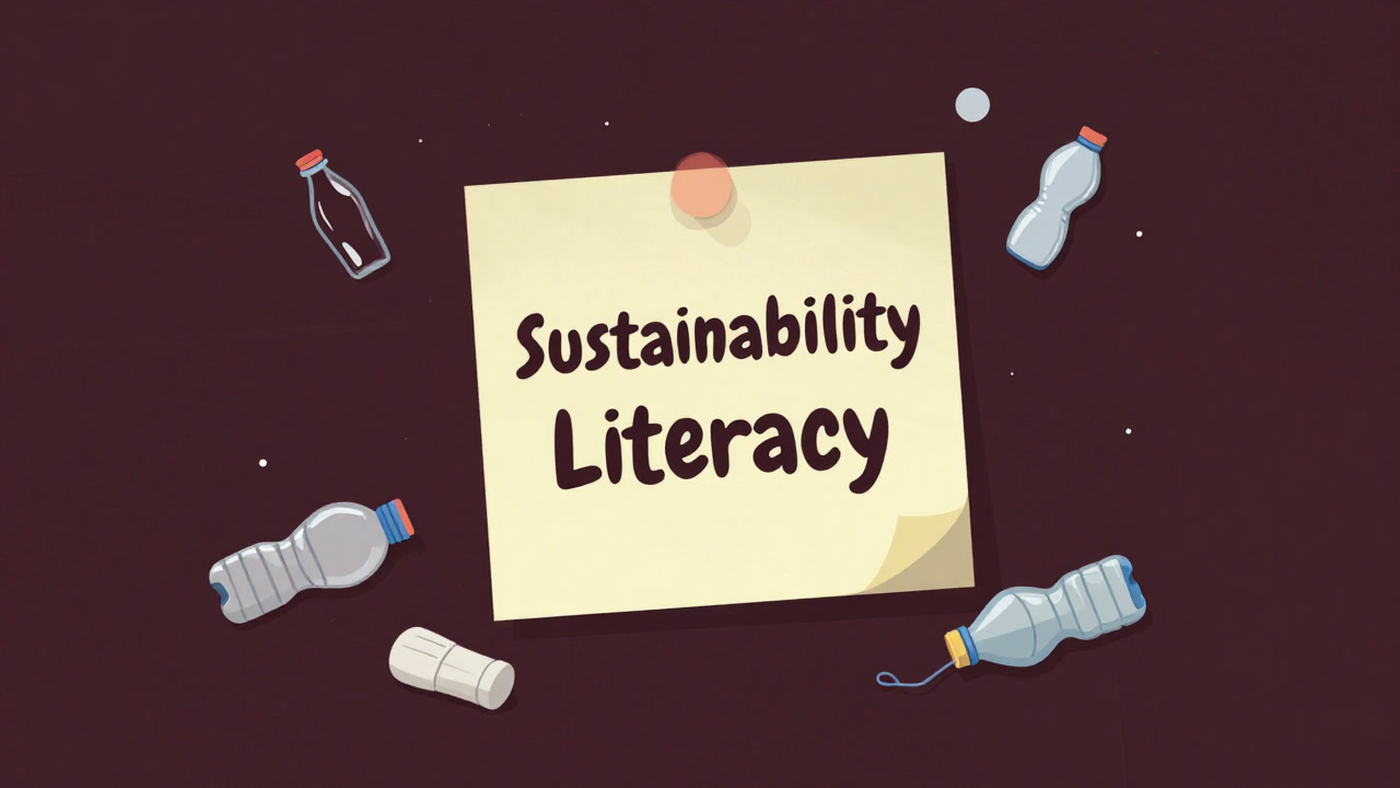 ペンと紙の上に、「サステナビリティリテラシー」とだけ書かれた札が置かれ、周囲には無数のプラスチックゴミが散乱するイラスト