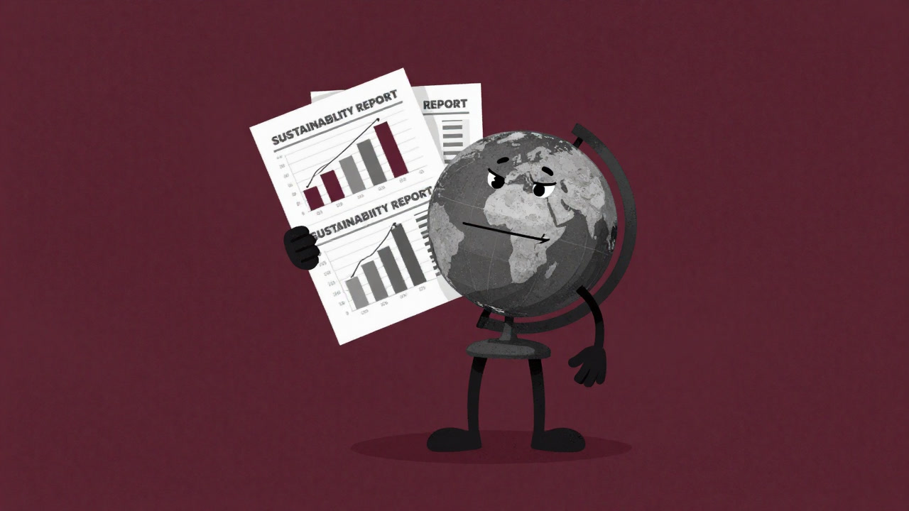 豪華なグラフと回転する地球儀が配されたページを口のついた報告書キャラクターが誇らしげに掲げるイラスト