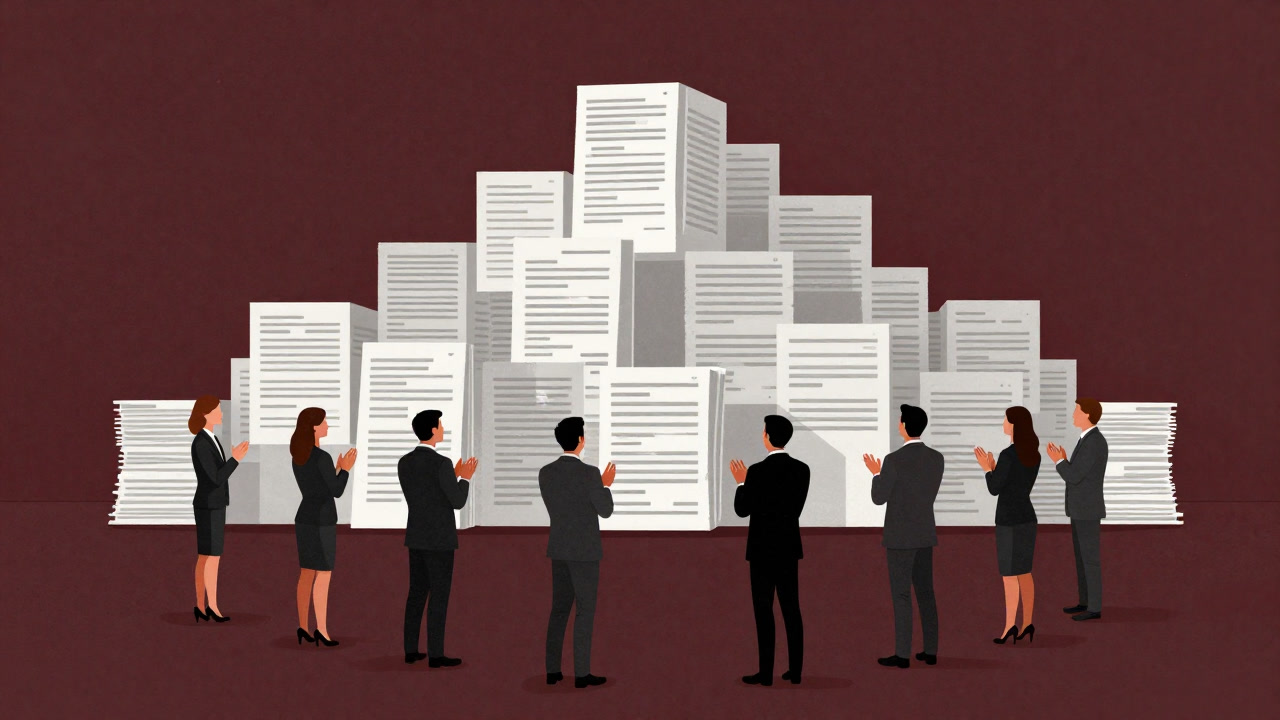 Illustration of businessmen applauding contentedly in front of a mountain of reports