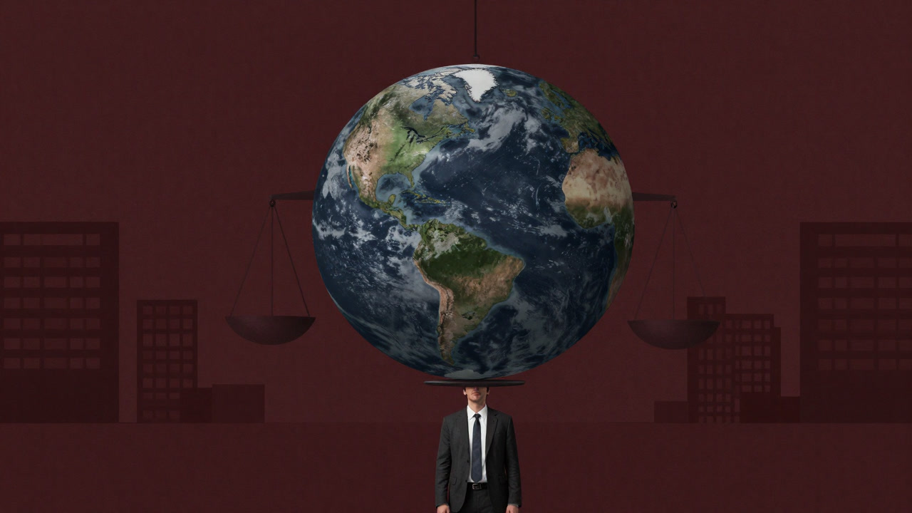 An illustration of a businessperson character trying to balance the globe on scales
