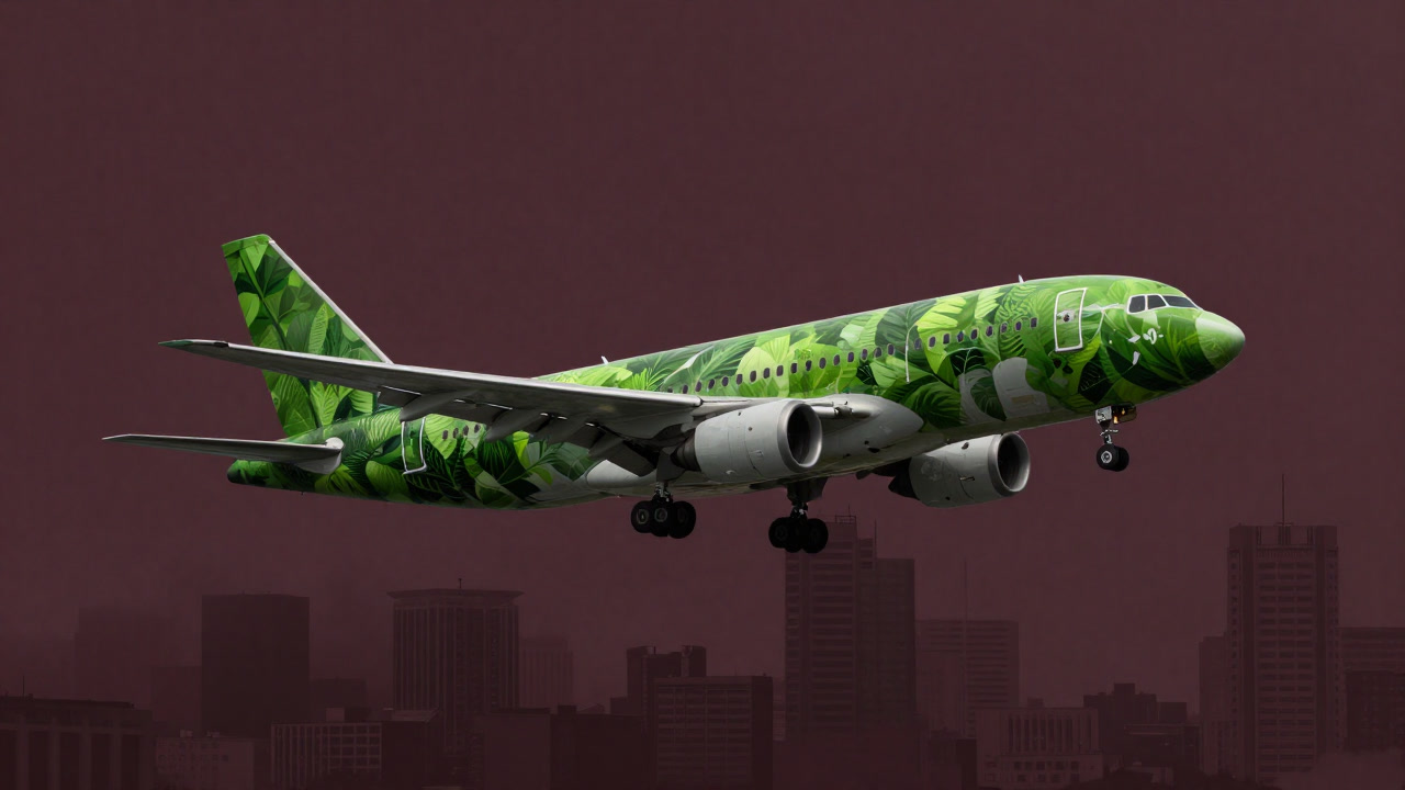 An image of a passenger airplane wrapped in leaf patterns flying over a polluted city