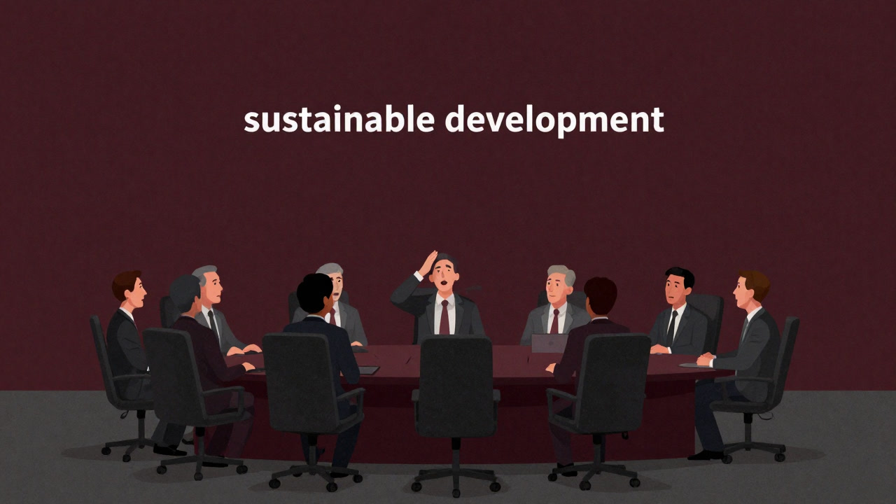 A satirical illustration of executives in a boardroom chanting 'sustainable development' while signing off on a deforestation plan