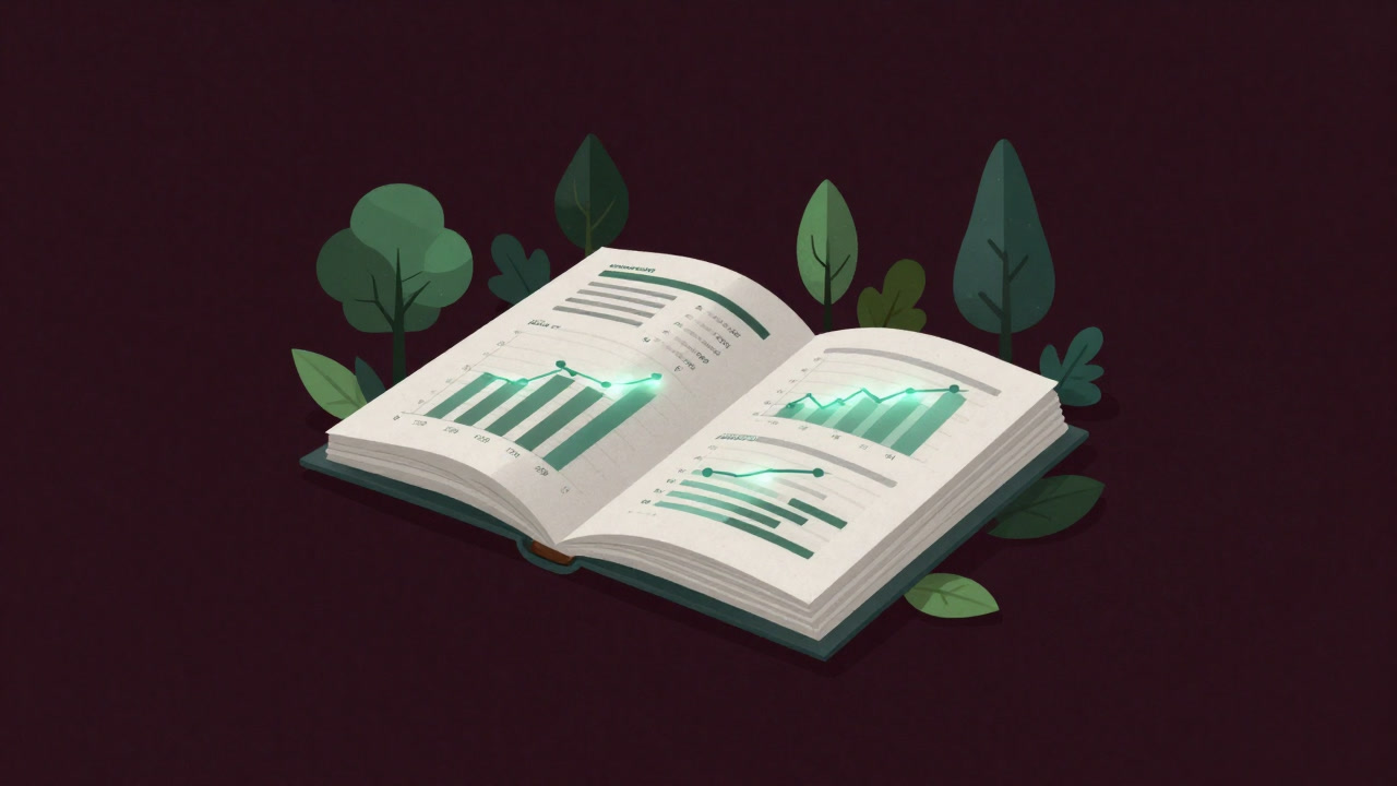 Eerie glowing charts surrounded by green trees illustration on an open investment report