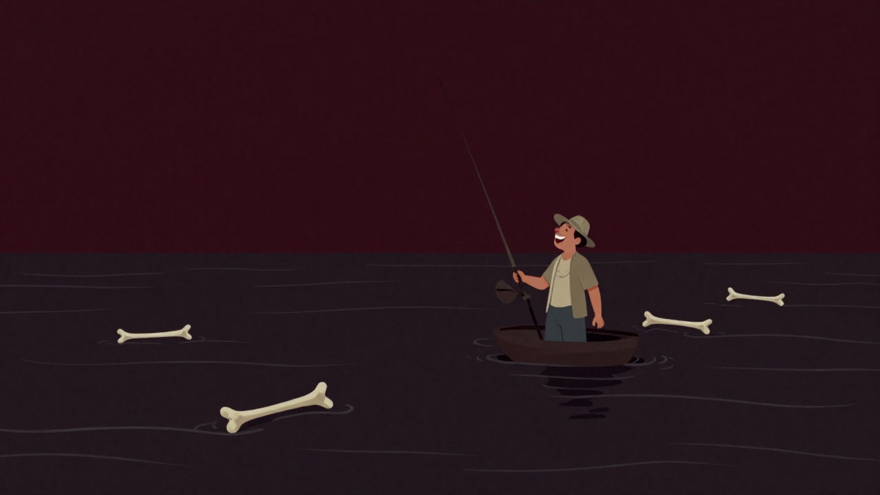 魚の骨が散らばった海で笑う漁師のイラスト