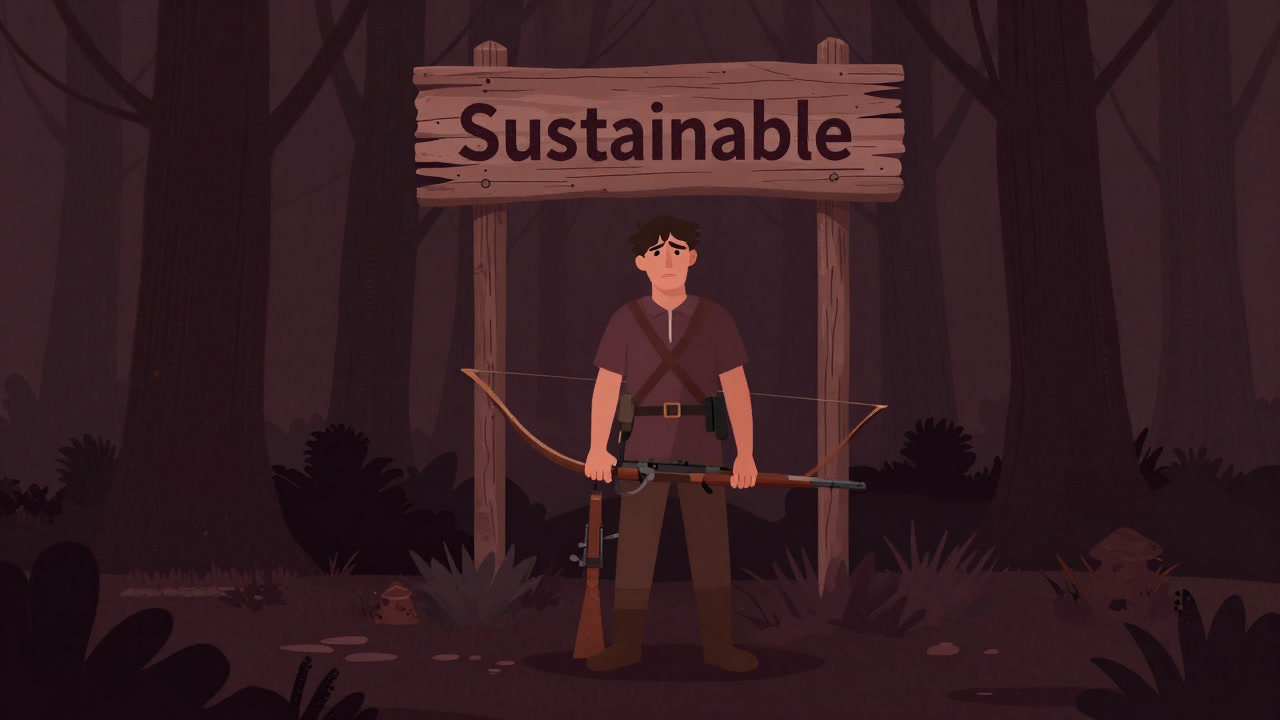 弓と銃を手にした狩人がサステナブルと書かれた看板の前で迷っている絵