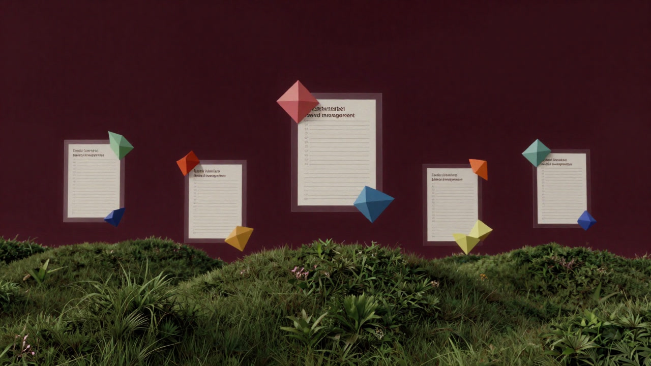 Landscape of green hills overlaid with floating colorful polygons and checklists