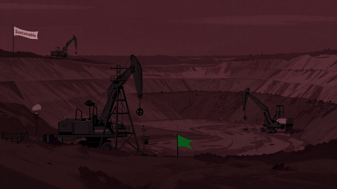 深い穴の底に緑色の旗が立ち、周囲には重機が並ぶ鉱山の画像