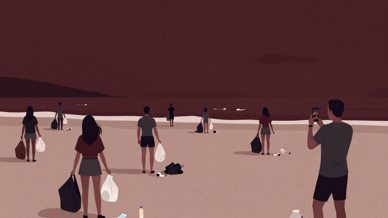 ビーチでプラスチックゴミを拾う観光客の群れと、それを背景に笑顔で写真を撮るインフルエンサー