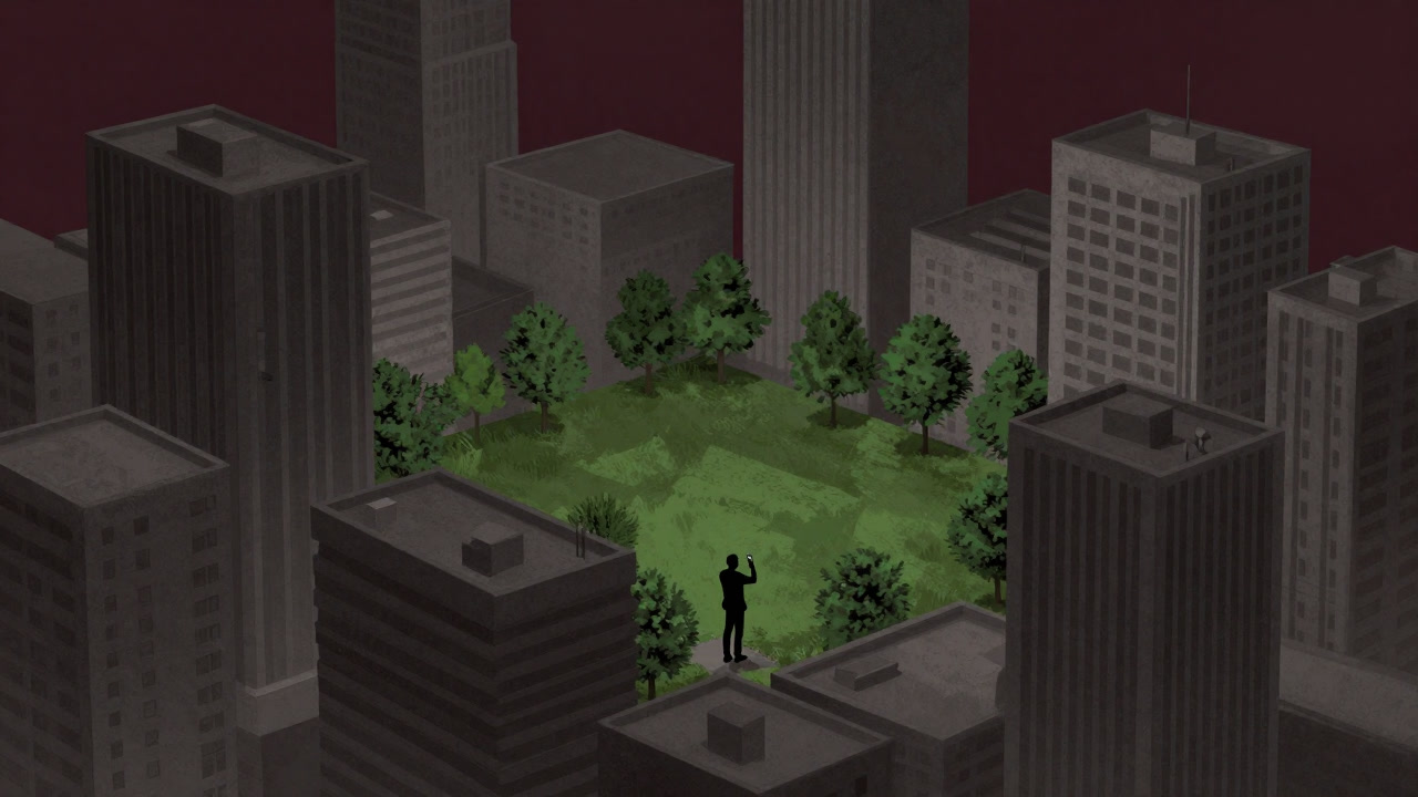 コンクリートジャングルの奥にひっそりと設けられた小さな緑地と、その上でスマホを構える市民のシルエットの画像