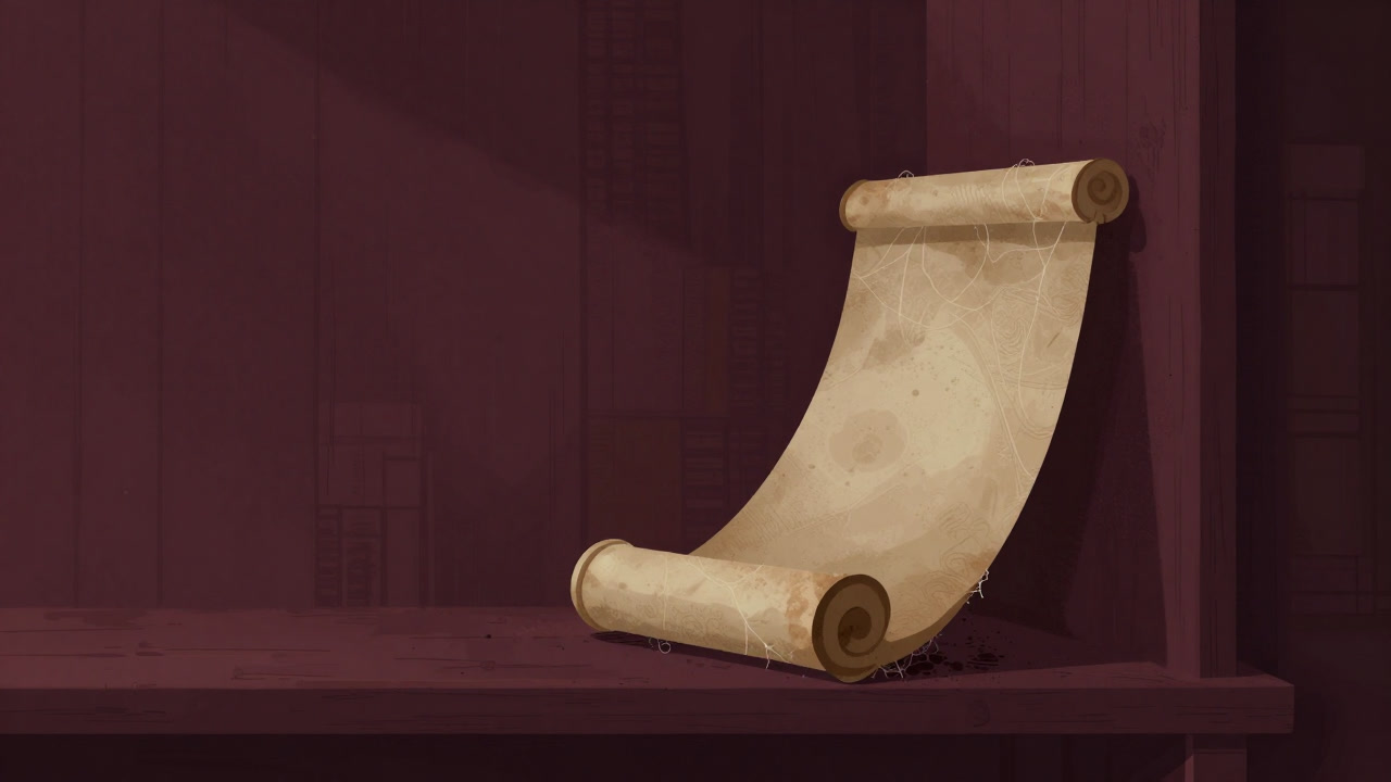 An old scroll covered in dust leaning against a shelf untouched by hands