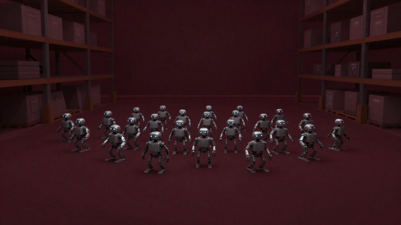 Image of small robots swarming like bees in a warehouse, looking down at humans