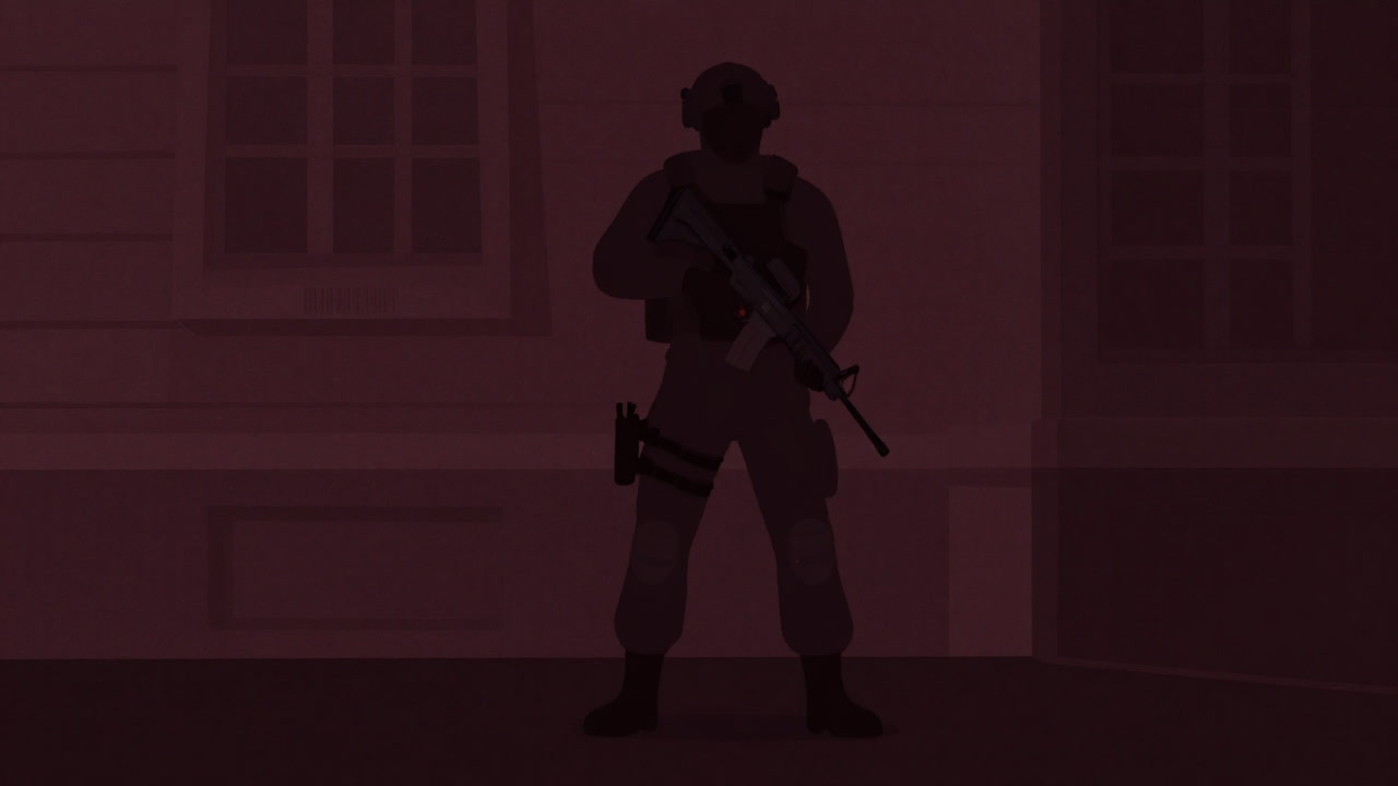 暗い路地で装備を整え、無言で任務に臨む特殊部隊員のシルエット