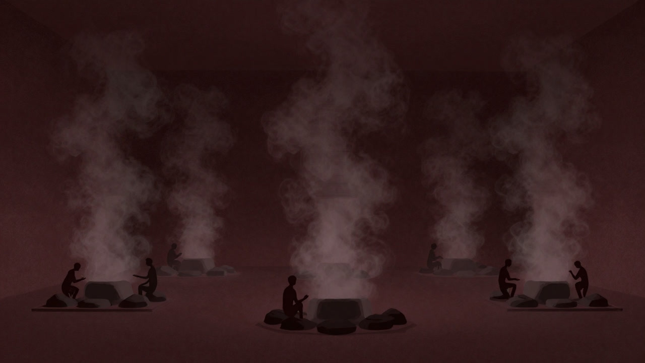 内部に蒸気が充満し、熱した石を囲む人々のシルエットが浮かび上がるスウェットロッジの画像