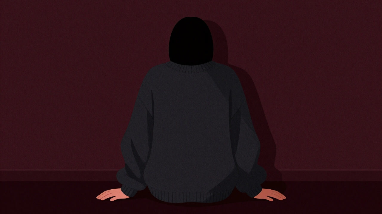 In a dimly lit room, a person slipping into a sweater is surrounded by inescapable warmth.