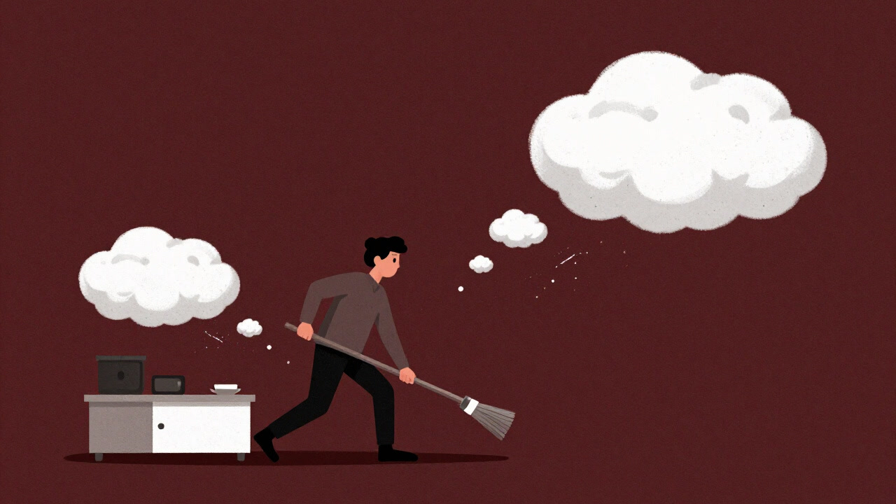 Cartoon illustration of a person wielding a broom, chasing dust for no apparent reason.