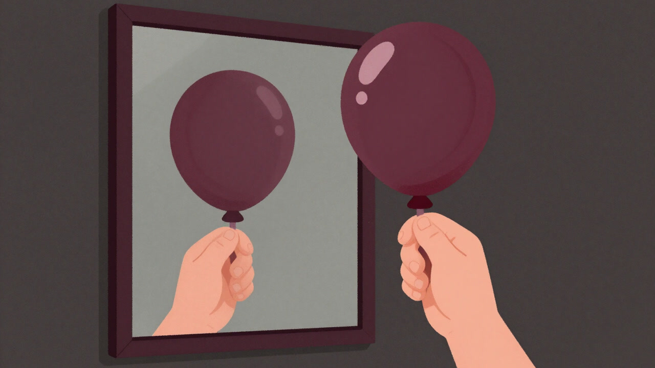 風船のように腫れ上がった腕を鏡で見つめる人の画像