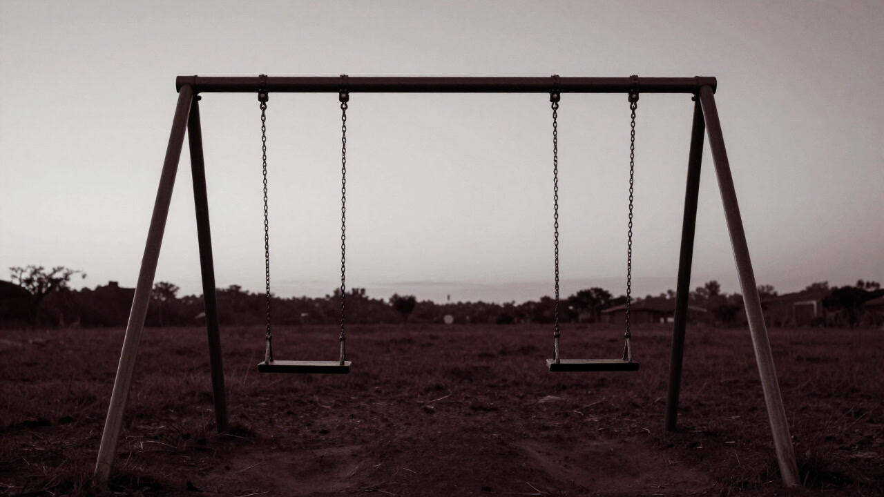 A monochrome photo of an old empty swing gently swaying in a deserted playground