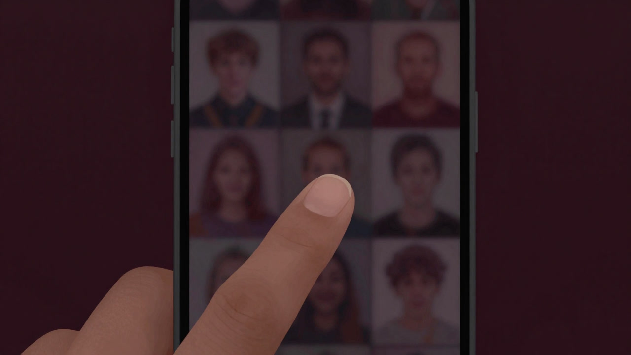 Shadow of a fingertip scrolling through countless faces on a smartphone