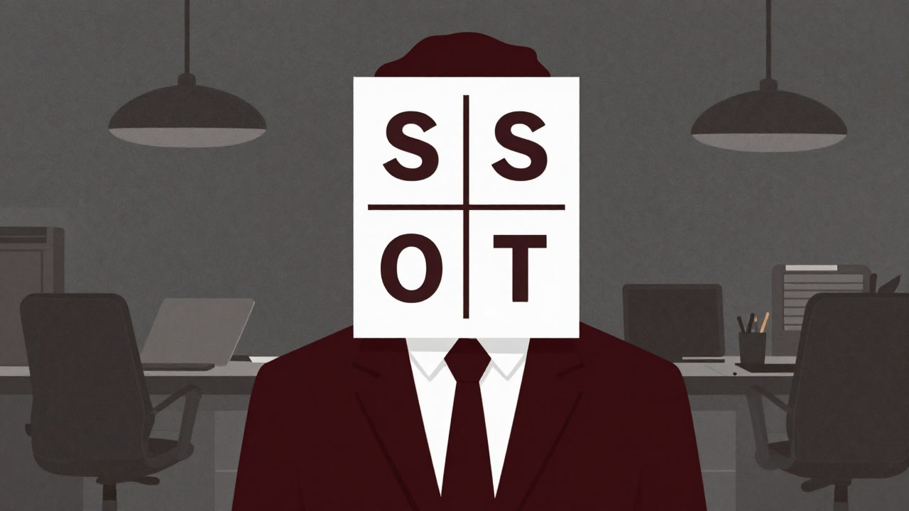 四象限に区切られた紙を顔面に貼り付けられたビジネスマンのイラスト