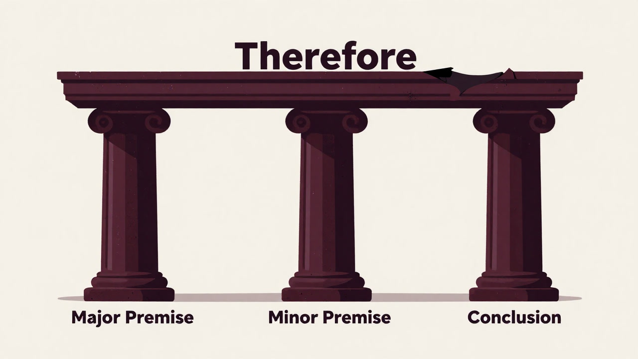 三段論法の枠組みを表す3本の柱があり、その上に曖昧な結論が乗っているイラスト